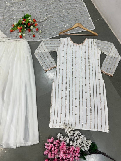 White Heavy Faux Georgette With Heavy Embroidery Sequence Plazzo Suit Designer Suits Shopin Di Apparels 