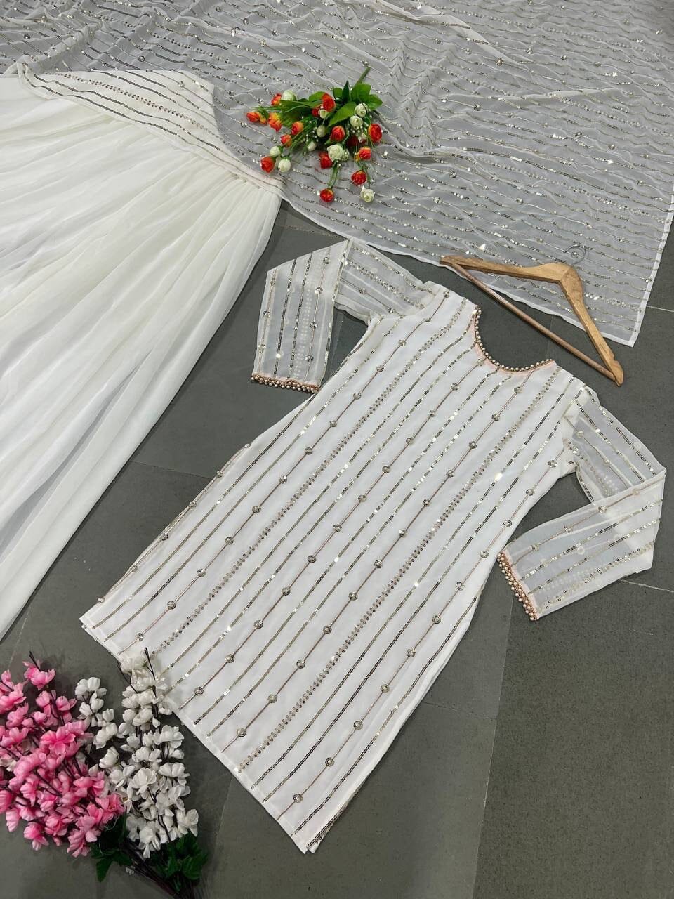 White Heavy Faux Georgette With Heavy Embroidery Sequence Plazzo Suit Designer Suits Shopin Di Apparels 