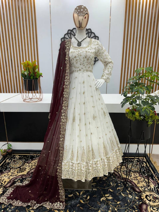 White Heavy Fox Georgette Sequence Work Designer Gown with Dupatta and Pant Ready Made Designer Suits Shopin Di Apparels 
