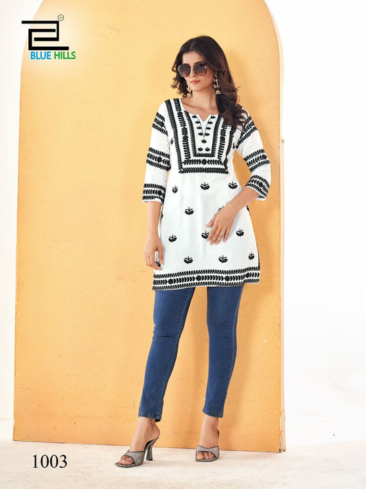 White Heavy Rayon Black Embroidery Work Fancy Short Kurti Kurti Shopin Di Apparels 