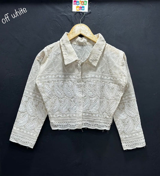 White Lucknowi Sequence Work with Long Sleeve Western Crop Top Western Tops Shopin Di Apparels 