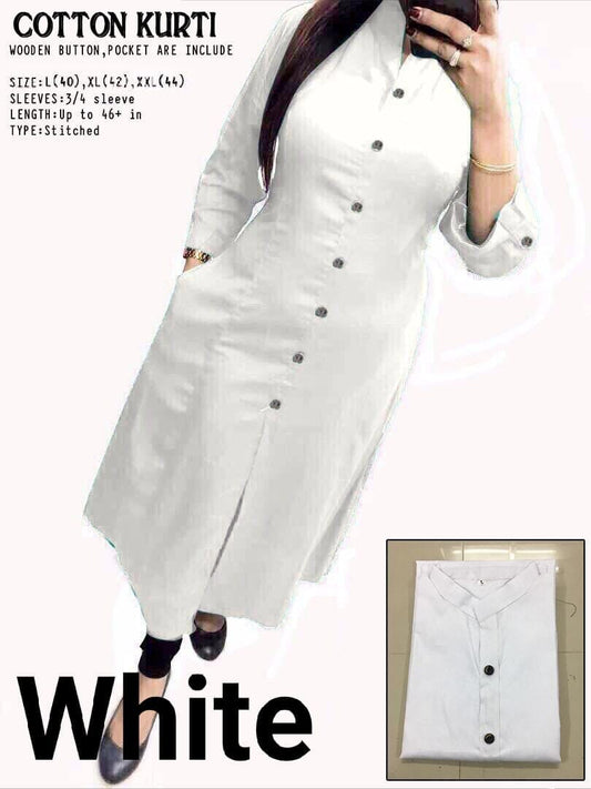 White Plain Collar Cotton Kurti with Button and Pockets Kurti Shopin Di Apparels