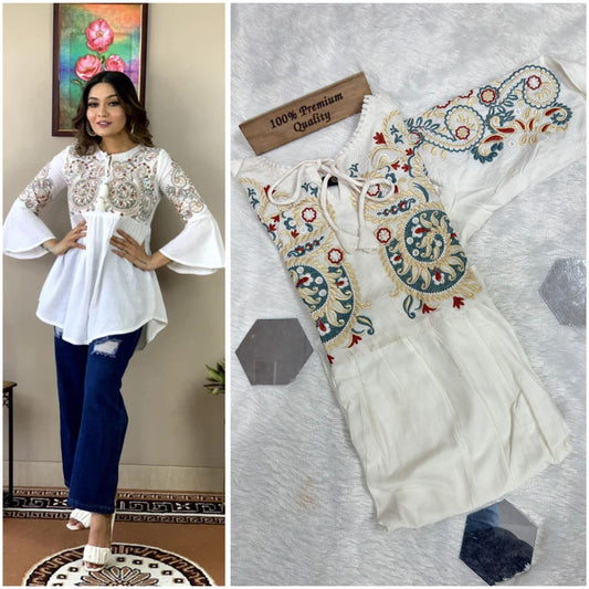 White Pure Rayon cotton with Embroidery Work in Neck Short Top Western Top Shopin Di Apparels 