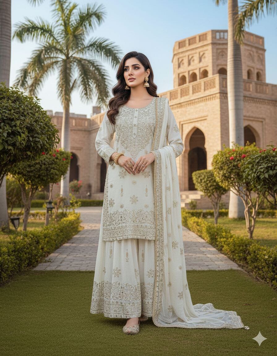 White Sequence work Sharara Suit Ready to Wear Designer Suits Shopin Di Apparels 
