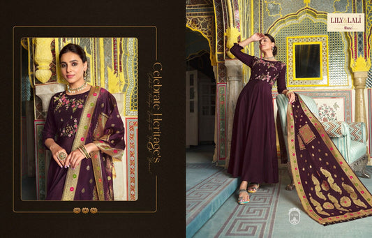Wine Designer Bemberg Silk Gown With Jacquard Dupatta Gown with Dupatta Lily and Lali 