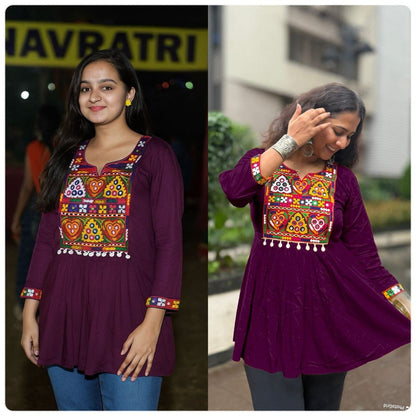 Wine Heavy Rayon Baby Doll Short Top With Gamthi Lace and mirror work Western Top Shopin Di Apparels 