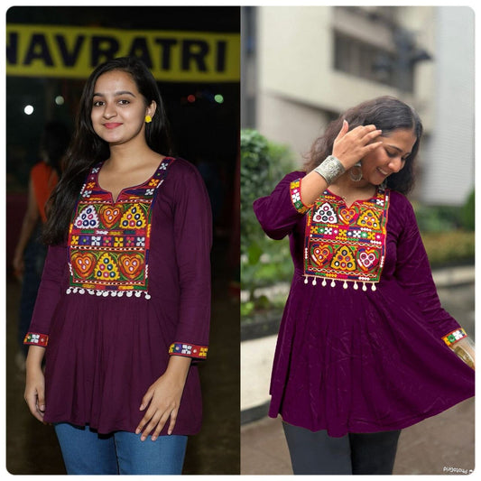 Wine Heavy Rayon Baby Doll Short Top With Gamthi Lace and mirror work Western Top Shopin Di Apparels 