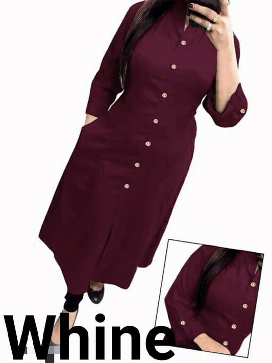 Wine Plain Collar Cotton Kurti with Button and Pockets Kurti Shopin Di Apparels