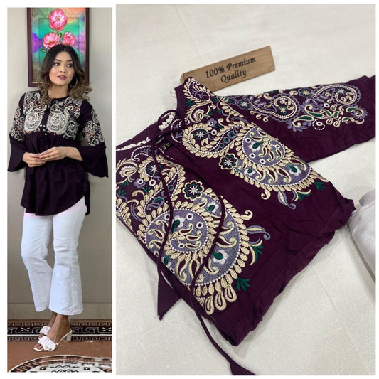 Wine Pure Rayon cotton with Embroidery Work in Neck Short Top Western Top Shopin Di Apparels 