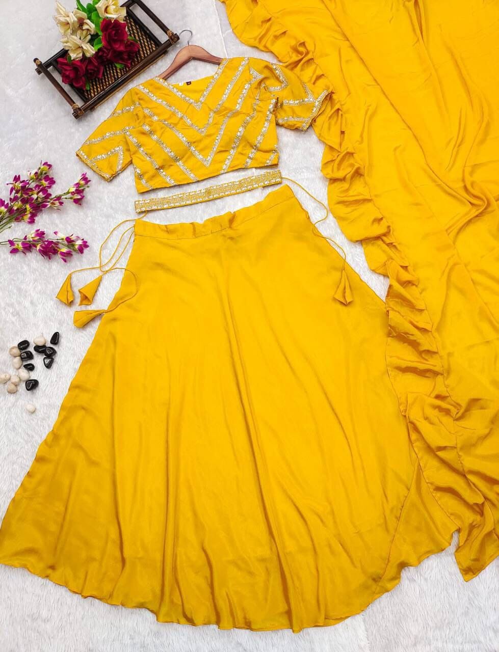 Yellow Chinnon Drape Ready Made Saree Style Dupatta with Blouse and Skirt Ready to Wear Saree Shopin Di Apparels 
