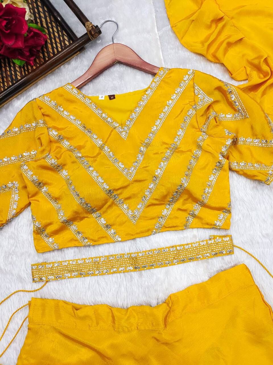 Yellow Chinnon Drape Ready Made Saree Style Dupatta with Blouse and Skirt Ready to Wear Saree Shopin Di Apparels 