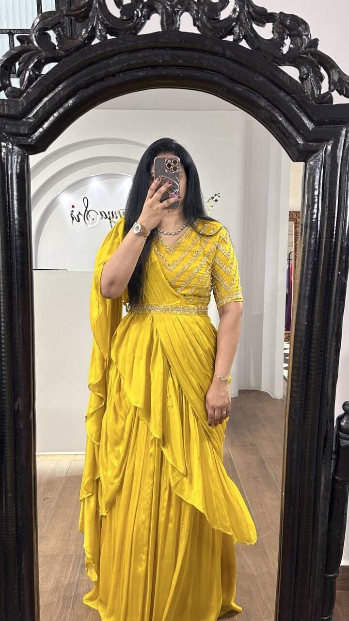 Yellow Chinnon Drape Ready Made Saree Style Dupatta with Blouse and Skirt Ready to Wear Saree Shopin Di Apparels 