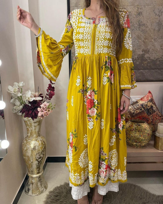 Yellow Designer Rayon Kurti with White Embroidery and Plazzo set Kurti with Pant Shopin Di Apparels 