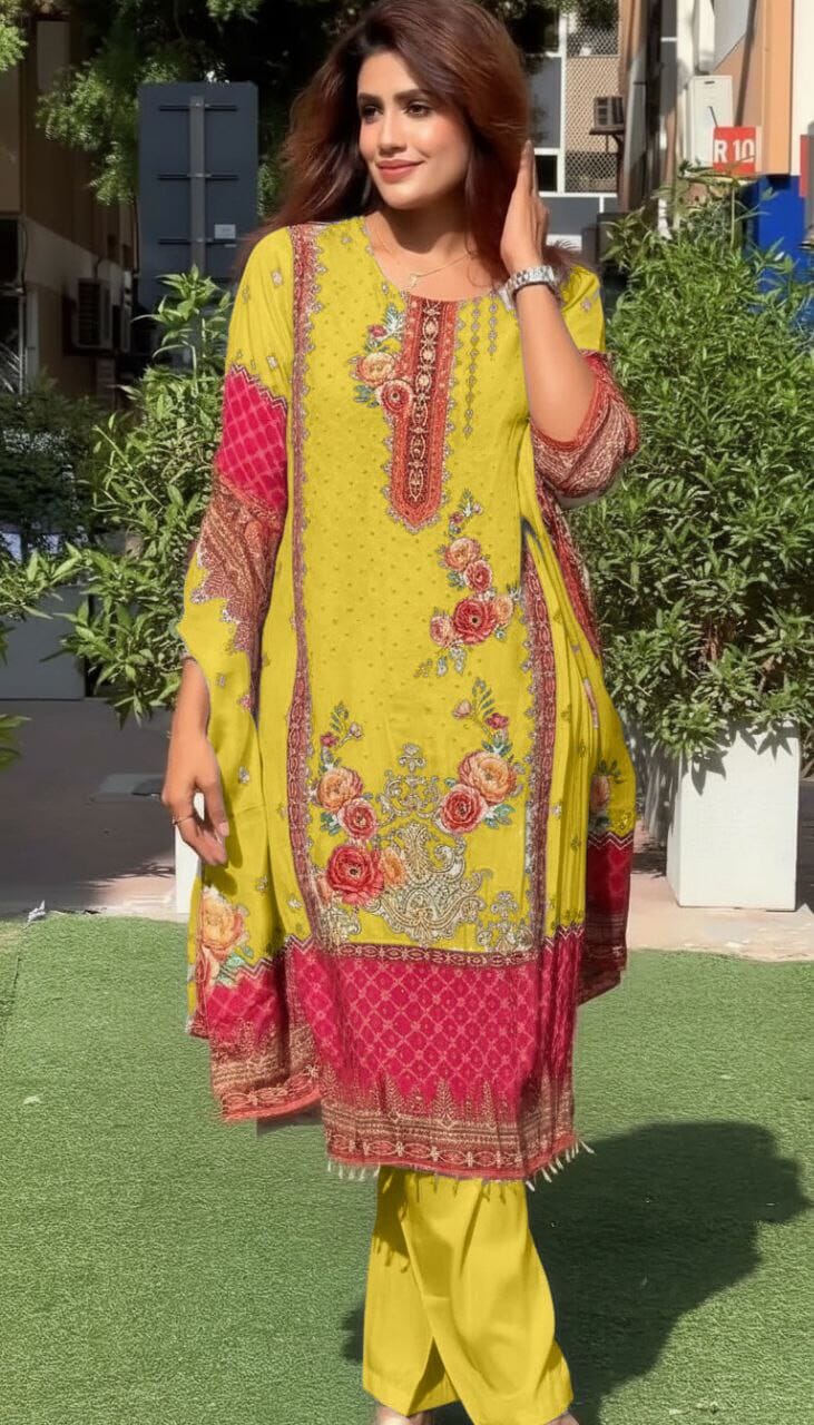 Yellow Floral Print Mirror Work Chinon Plus Size Pakistani Designer Suit Ready to Wear Designer Suits Shopin Di Apparels 