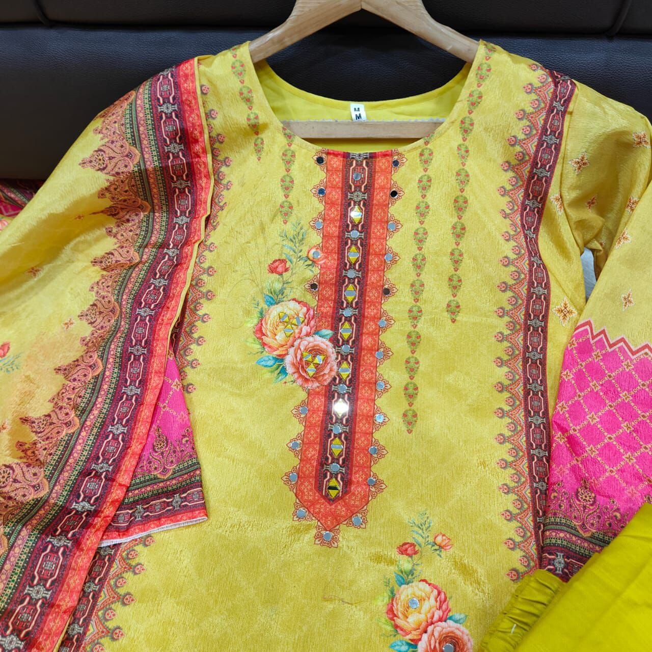 Yellow Floral Print Mirror Work Chinon Plus Size Pakistani Designer Suit Ready to Wear Designer Suits Shopin Di Apparels 