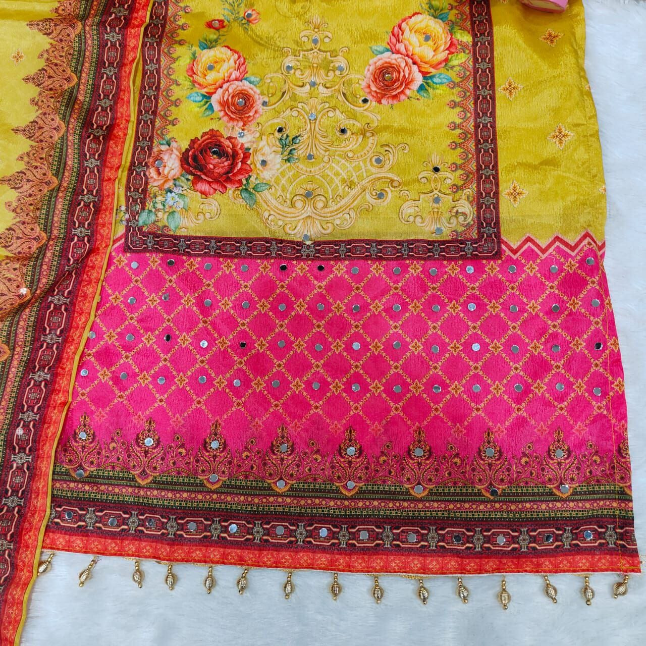 Yellow Floral Print Mirror Work Chinon Plus Size Pakistani Designer Suit Ready to Wear Designer Suits Shopin Di Apparels 