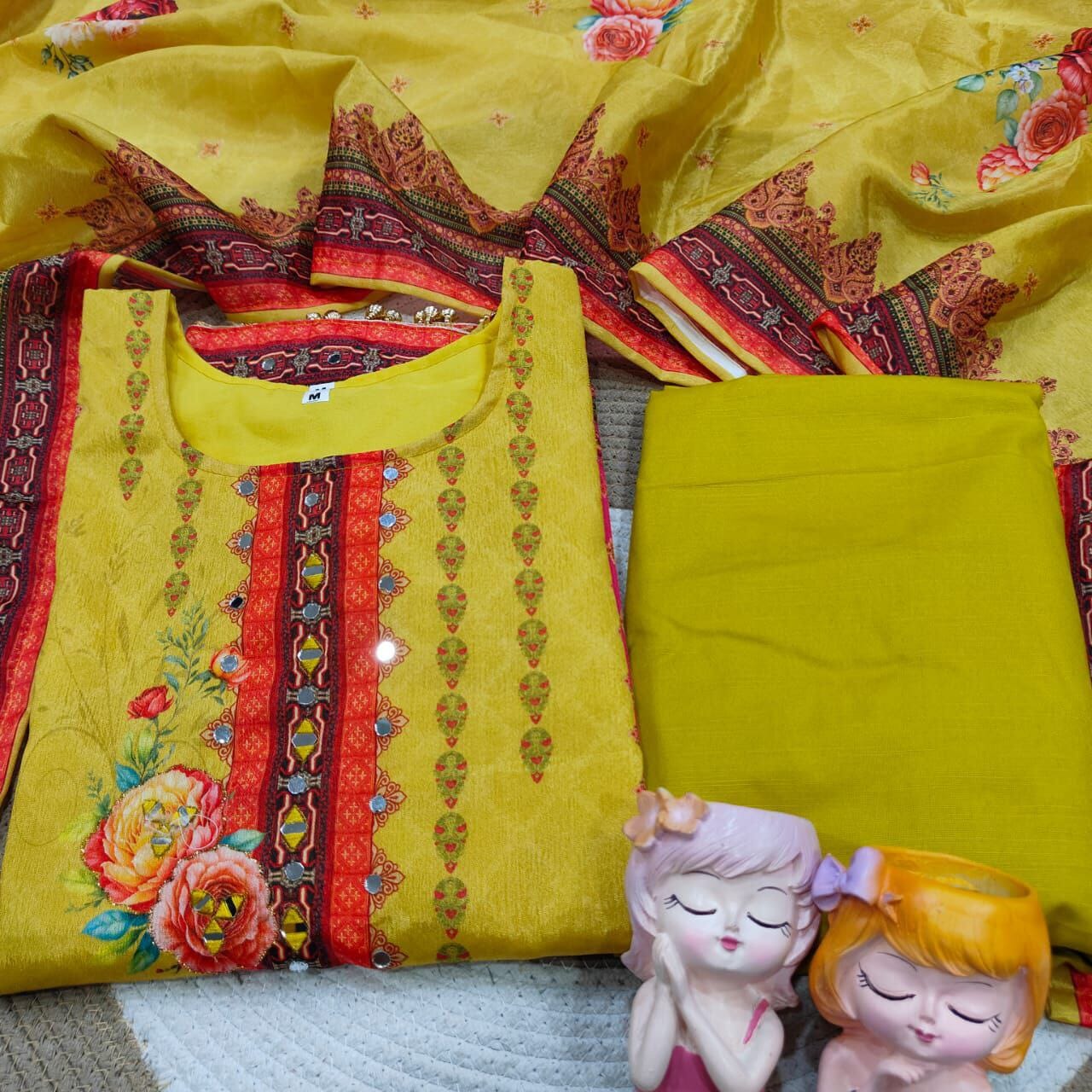 Yellow Floral Print Mirror Work Chinon Plus Size Pakistani Designer Suit Ready to Wear Designer Suits Shopin Di Apparels 