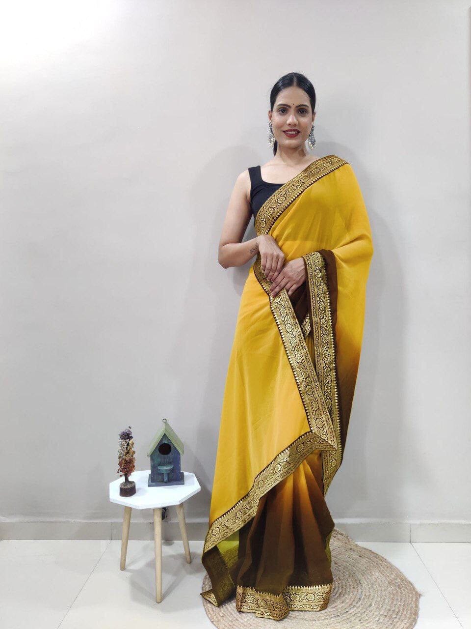 Yellow Georgette Multicolor Ready to Wear Saree and Banglori Blouse Ready to Wear Saree Shopin Di Apparels 