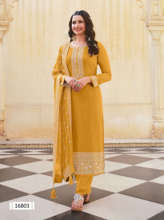 Yellow Heavy Dola Silk Designer Salwar Kameez Straight Cut Suit Designer Suits Vinay 