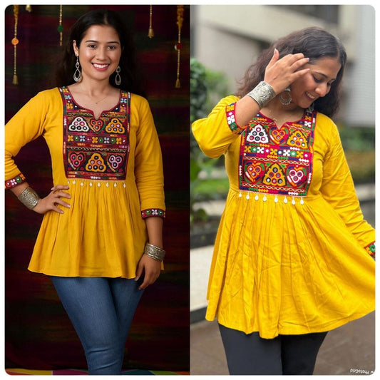 Yellow Heavy Rayon Baby Doll Short Top With Gamthi Lace and mirror work Western Top Shopin Di Apparels 