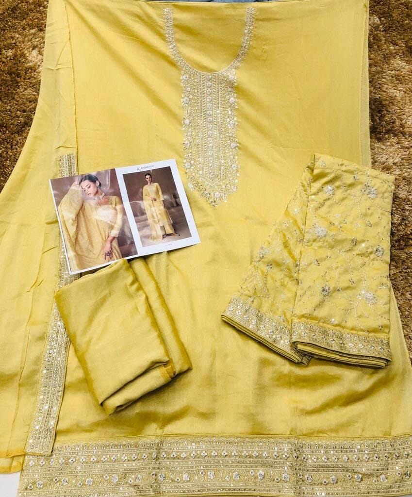 Yellow Heavy Vichitra Silk Sequence Straight Cut Designer Suit Designer Suit Shopin Di Apparels 