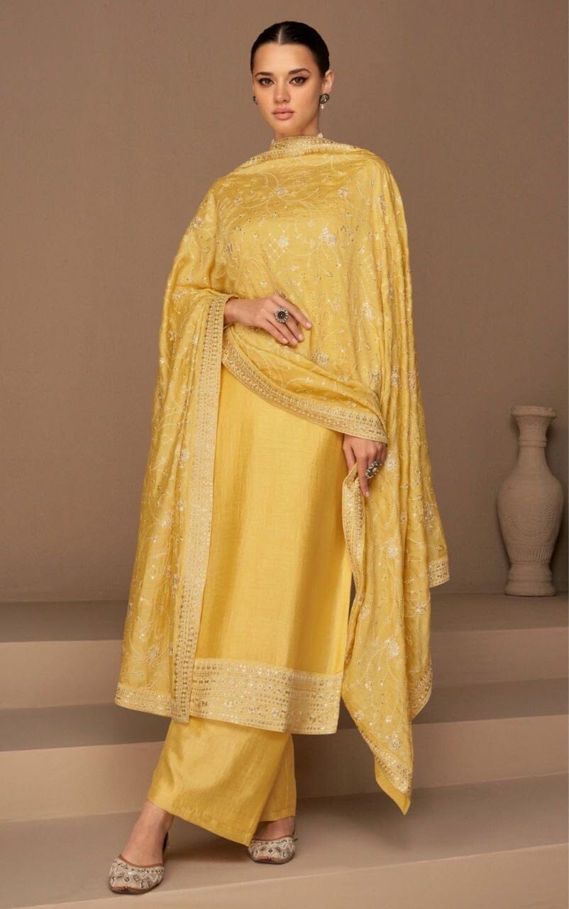 Yellow Heavy Vichitra Silk Sequence Straight Cut Designer Suit Designer Suit Shopin Di Apparels 
