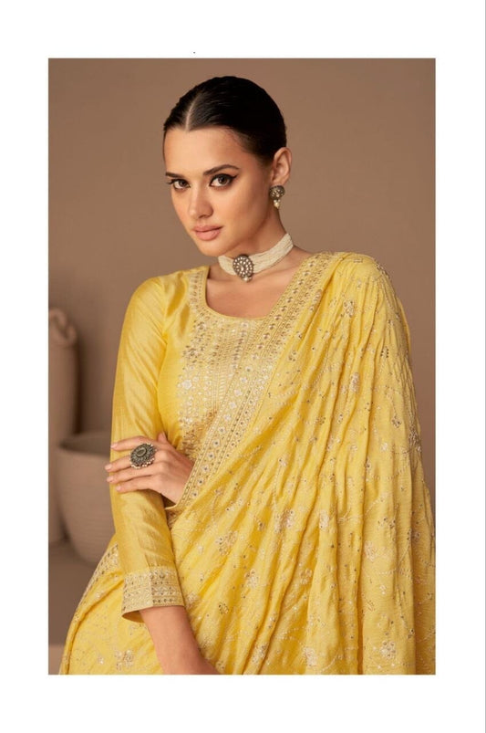 Yellow Heavy Vichitra Silk Sequence Straight Cut Designer Suit Designer Suit Shopin Di Apparels 