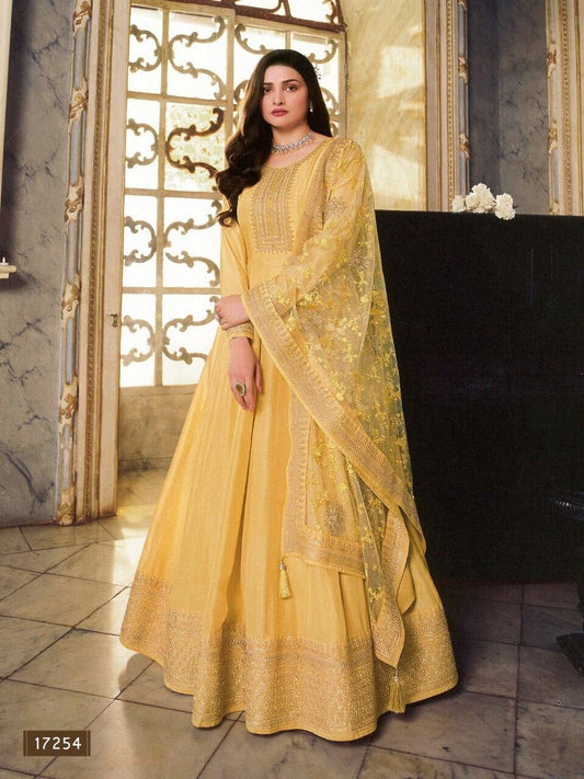 Yellow Hotselling Dola Silk Long Designer Anarkali Suit with Blue Net Dupatta Designer Suits Shopindiapparels.com 