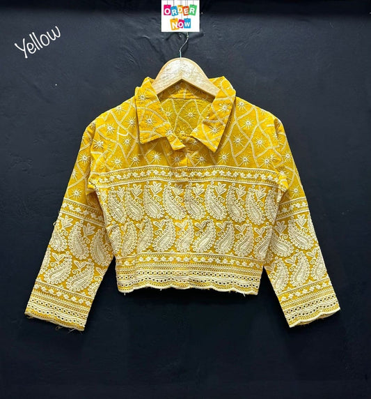 Yellow Lucknowi Sequence Work with Long Sleeve Western Crop Top Western Tops Shopin Di Apparels 