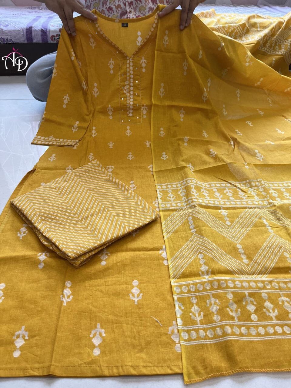 Yellow Pure Cotton Hands Block Design Kurti with Dupatta and Bottom Kurti with Dupatta and Bottom Shopin Di Apparels 