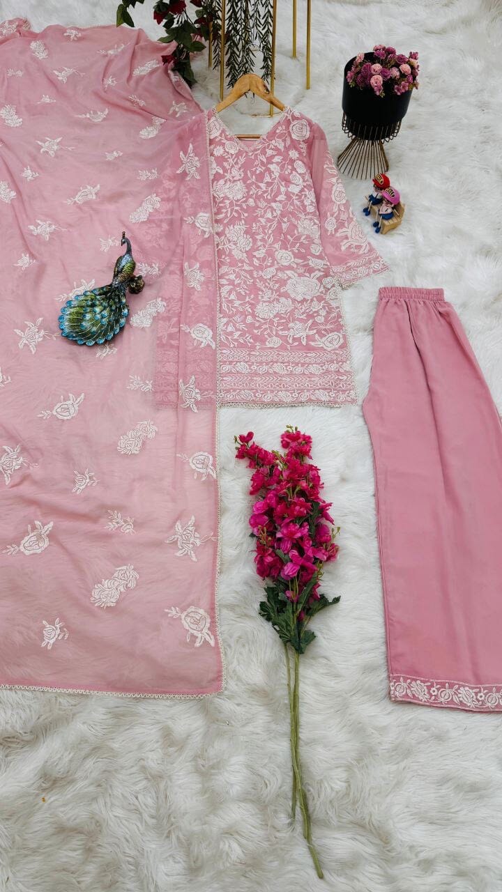 ZB Pink Designer Party Wear Embroidered Plazzo Suit Ready Made Designer Suits Shopin Di Apparels 