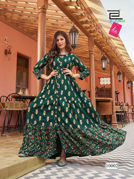10002 Florencia Rayon Long Foil Printed Gown Kurti Kurti Blue Hills