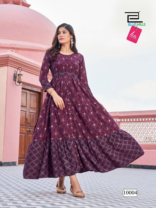 10004 Florencia Rayon Long Foil Printed Gown Kurti Kurti Blue Hills