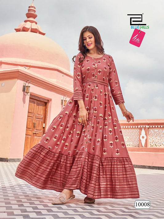 10008 Florencia Rayon Long Foil Printed Gown Kurti Kurti Blue Hills