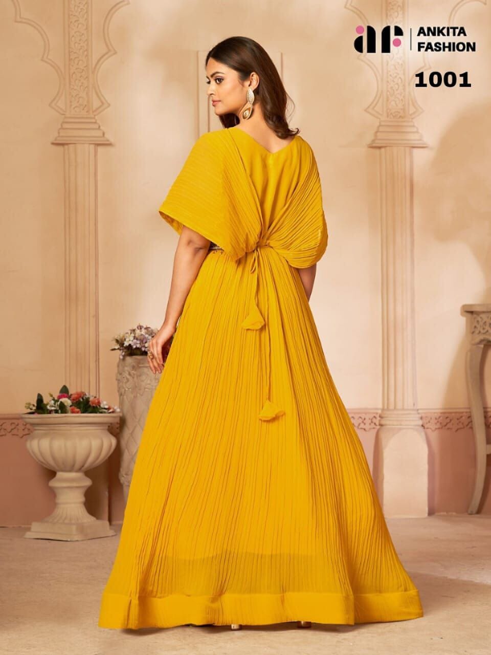 1001 Yellow Pure Georgette with Neck Swarovski work Long Gown gown shopindi.sg 