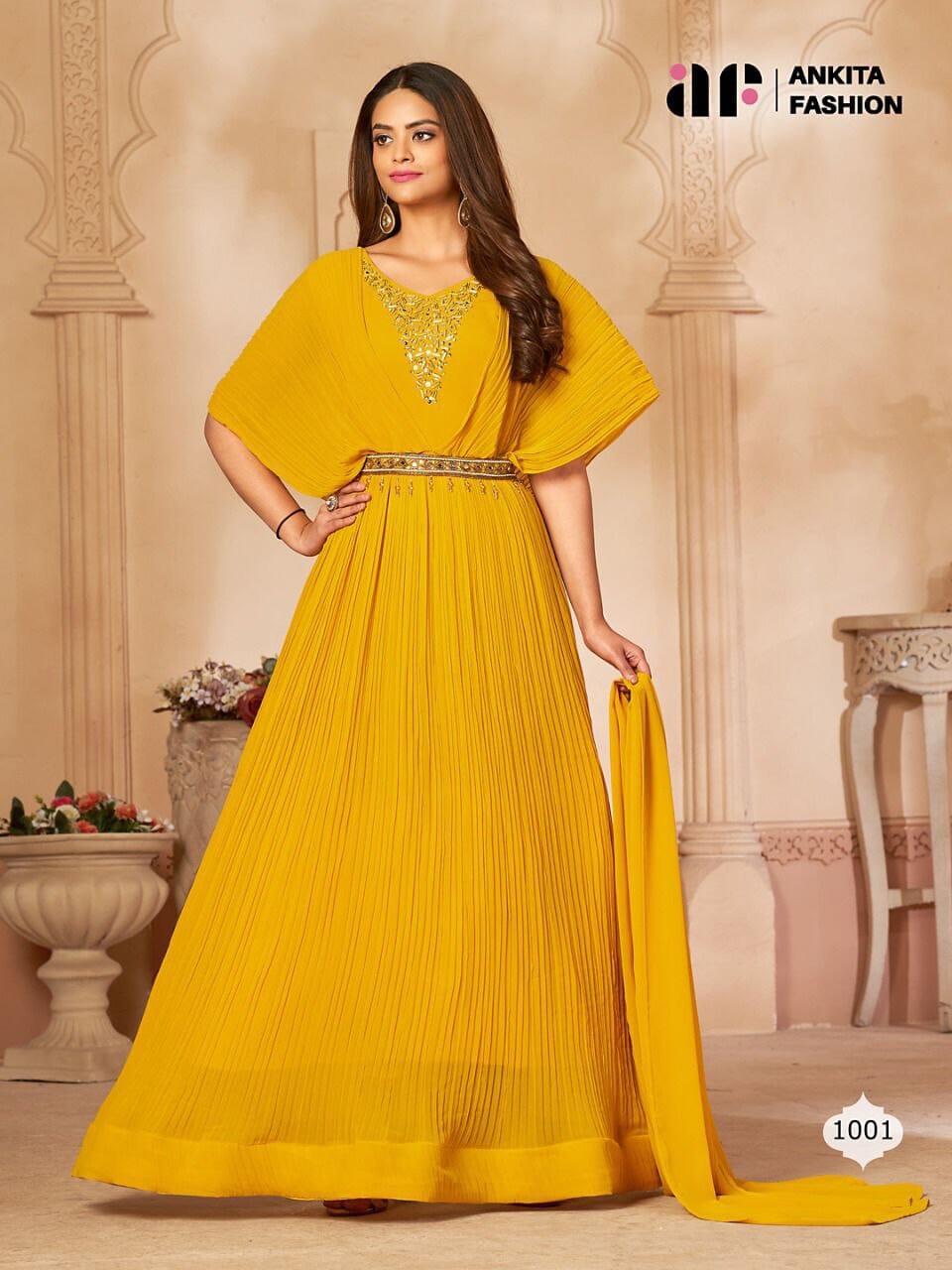 1001 Yellow Pure Georgette with Neck Swarovski work Long Gown gown shopindi.sg 