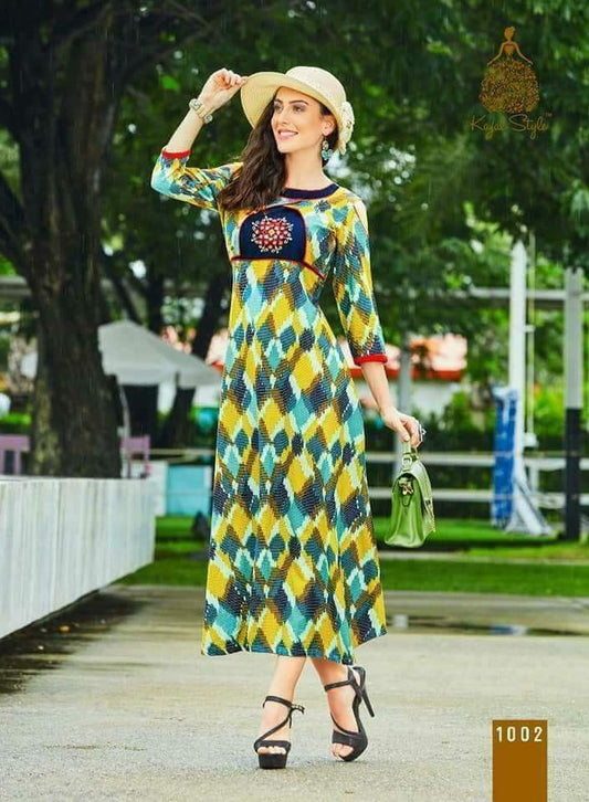 1002 Kajal Style Designer Long Cotton Dress - Shopindiapparels.com