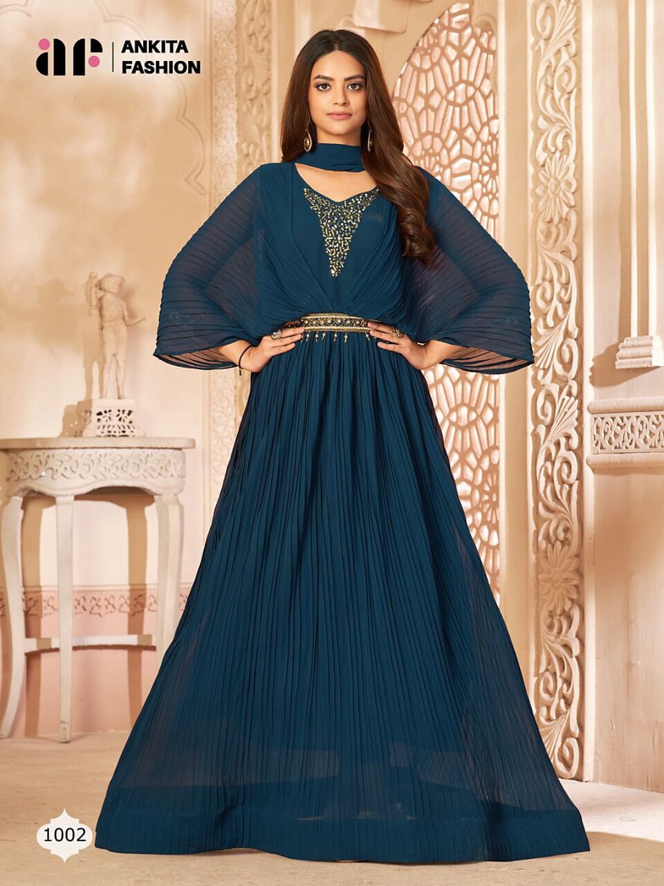 1002 Teal Pure Georgette with Neck Swarovski work Long Gown gown shopindi.sg 