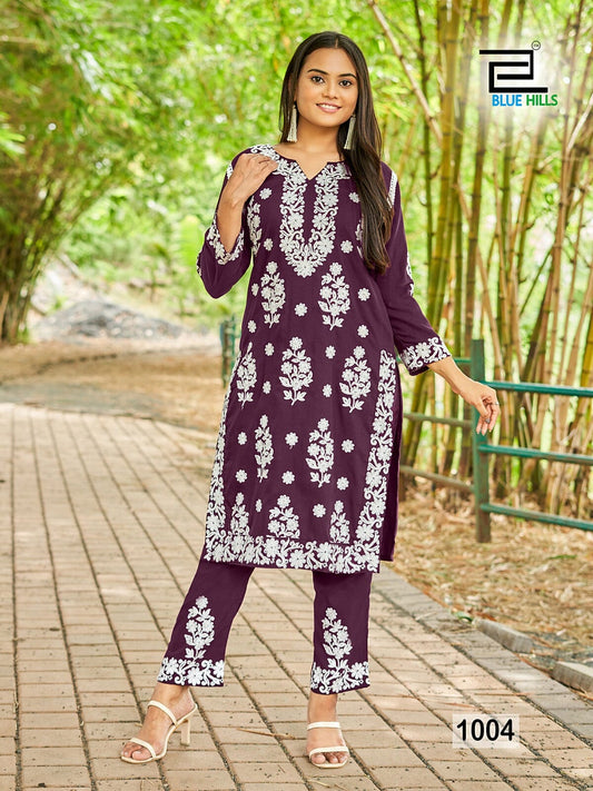 1004 White Thread Embroidered Kurti with Pant Set Kurti with Pant Blue Hills 