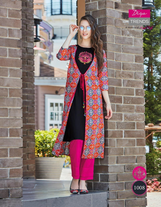 1008 Globus City Rayon Kurti with Cotton Print Shrug - Shopindiapparels.com