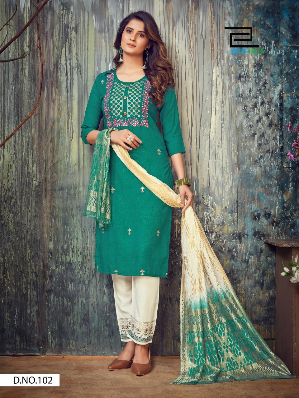 102 Falak Two tone Embroidered Rayon Straight Cut Suit Kurti with Duppatta and Bottom Blue Hills 