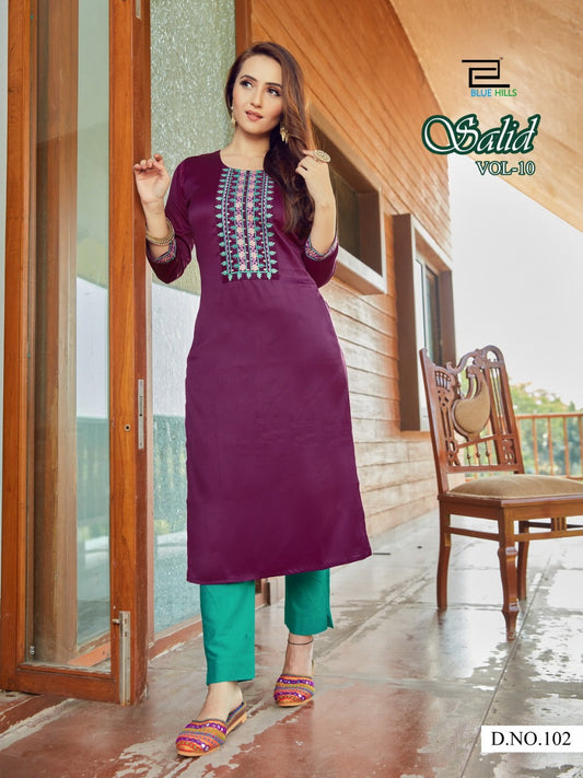 102 Solid Jam Satin Zari Embroidered Kurti Kurtis Blue Hills 