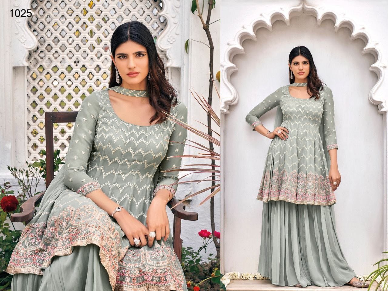 1025 A Heavy Georgette Double Side work Partywear Sharara Suit Designer Suits Shopindiapparels.com 