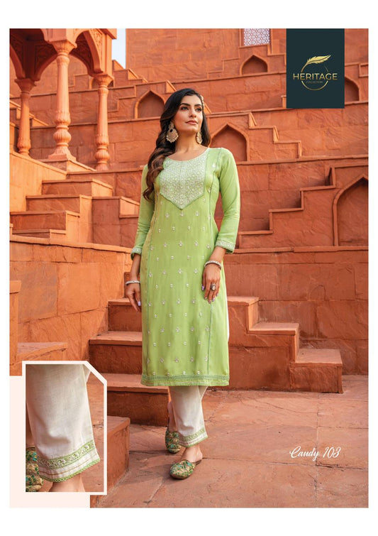 103 Candy Fancy Wear Rayon Kurti and Pant with Embroidery Kurti with Pant Shopindiapparels.com 