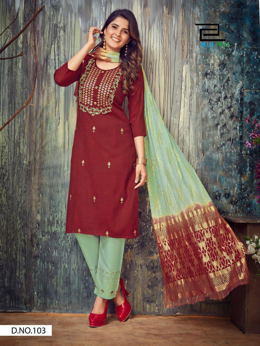 103 Falak Two tone Embroidered Rayon Straight Cut Suit Kurti with Duppatta and Bottom Blue Hills 