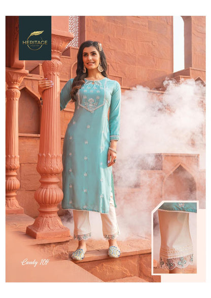 104 Candy Fancy Wear Rayon Kurti and Pant with Embroidery Kurti with Pant Shopindiapparels.com 