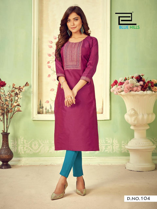 104 Solid Cotton Tapeta Plus Size Kurti with Zari Embroidery Kurtis Blue Hills 