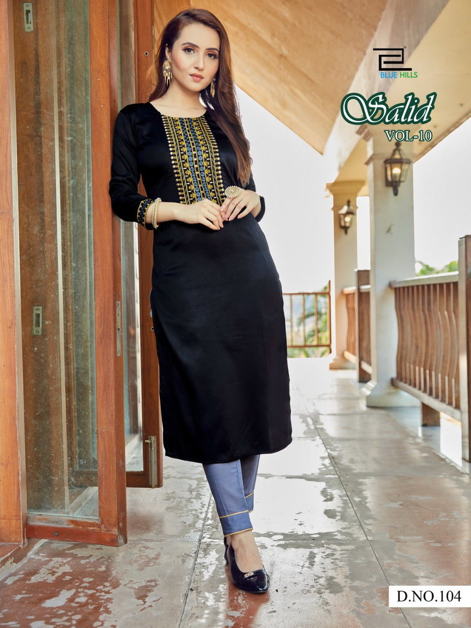 104 Solid Jam Satin Zari Embroidered Kurti Kurtis Blue Hills 