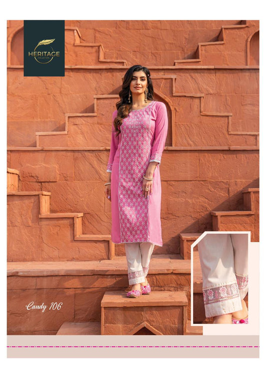 106 Candy Fancy Wear Rayon Kurti and Pant with Embroidery Kurti with Pant Shopindiapparels.com 
