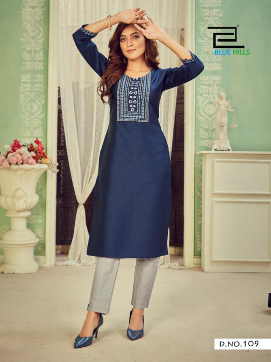 109 Solid Cotton Tapeta Plus Size Kurti with Zari Embroidery Kurtis Blue Hills 